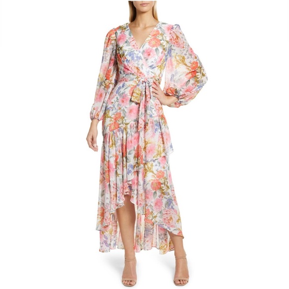 NWT Eliza J Pink Floral Chiffon 3/4 Sleeve Wrap High-Low Ruffle Maxi Dress 20W - Picture 1 of 17